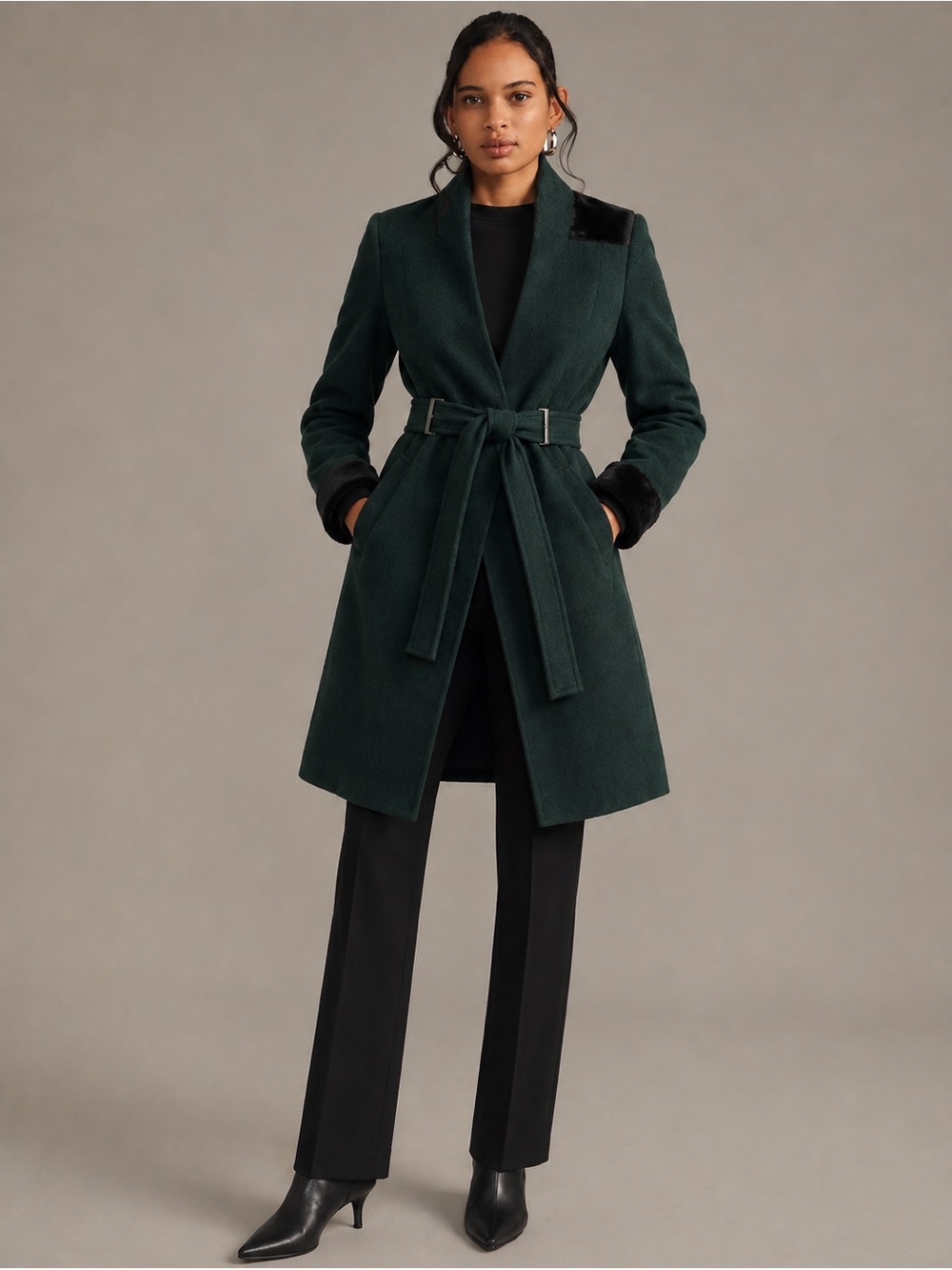 Badgley Mischka Belted Swing Coat Belted Forest Green Small